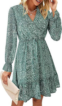 Elegant V-neck Flare-sleeve Floral Long-sleeve Dress