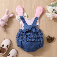 Infant Baby Girl Rabbit Embroidered Ears Denim Sling Triangle Rompers