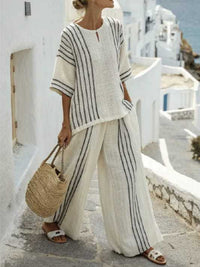 Round Neck Striped Short Sleeve Cotton And Linen Top Casual Pants Women's 2-piece Set