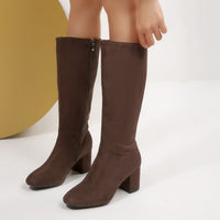 Fashionable Solid-Color Round-Toe Side-Zip Chunky-Heel Womens Over-the-Knee Boots