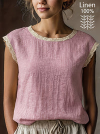 Loose Solid-Color Crew-Neck Lace Sleeveless Cotton-Linen Shirt