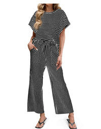 Womens Striped Short-Sleeve T-Shirt And Wide-Leg Pants Set With Pockets