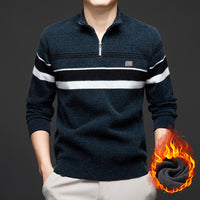 Men's Chenille Half-Zip Fleece- Lined Striped Pullover Sweater