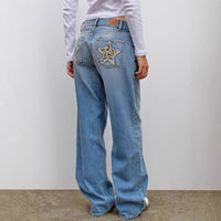 Retro Street Leopard Print XINGX Patchwork Stitching Straight Jeans