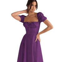 Womens Slimming Elegant Puff-Sleeve Lace-Up Short-Sleeve Dress