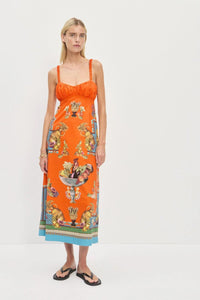Linen Printed Pleated Elastic Strap Dress