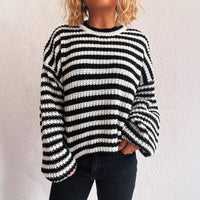 Autumn And Winter New Vintage Stripe Knitted Top Round Neck Long Sleeve Loose Pullover Sweater For Women