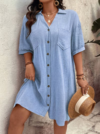 Loose-fitting Casual Cotton-linen Dress With A Turn-down Collar And Three-quarter-length Sleeves