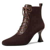 Retro Brown Leather Square-Toe Short Boots With A Stiletto HeelTimeless And Versatile Looks