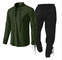 Men's Long Sleeve Linen Cotton Shirt Casual Solid Color Two-Piece Set
