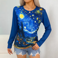 Womens Casual Versatile Loose Fitting Long Sleeve Crew Neck Top With A Starry Sky Design