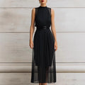 Womens Black Mesh-Panel High-Neck Sleeveless Dress