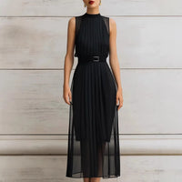 Womens Black Mesh-Panel High-Neck Sleeveless Dress