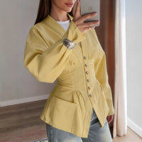 Simple French Waist V-neck Shirt Slim Fit Brown Long Sleeve