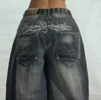 Washed Printed Loose Straight Wide-leg Jeans