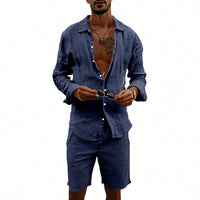 Men's Linen Casual Loose-Fit Long-Sleeve Shirt And Shorts Set