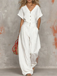 Solid-color V-neck Short-sleeve Top And Wide-leg Pants Set