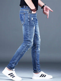 Ripped Fleece Padded Jeans Men's Stretch Casual Slim-fit Pants