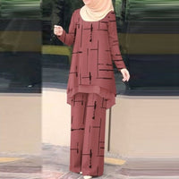 Womens Double-Layer Vertical Stripe Four-Way Stretch Printed Chiffon Set With Elastic Waistband