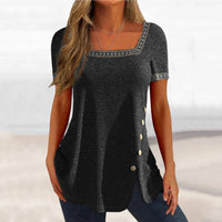 Printed Button-Front Slit Short-Sleeve Top T-Shirt Womens