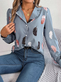 Women's Elegant Feather Print Notched Lapel Long Sleeve Shirt