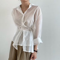 Irregular Buckle Lapel Long Sleeve Shirt Thin Simple Top