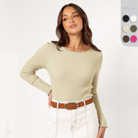 Round Neck Long Sleeve Slim Fit Shoulder Rib Women's Top