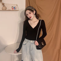 Pleated V-neck Knitted Bottoming Shirt Long Sleeve Sweater