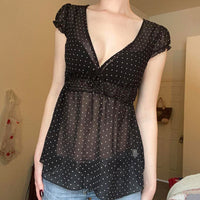 Womens Sheer Blouse With Polka-Dot Print And Ruched Waist Design