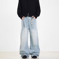 Retro Side Double Oblique Pleated Washed Blue Jeans For Men And Women