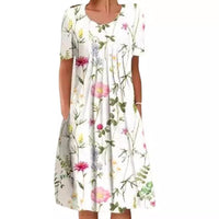 Spring And Summer Women's Elegant Large Swing Round Neck Printed Short Sleeve Dress