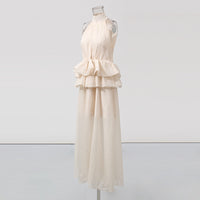 Long Ruffled Dress Sleeveless Stand Collar Solid Color Dress