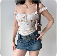 Flower Print Chest Strap Camisole Off-shoulder Short Top