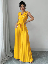 Suit Collar Bow Tie Belted Waist Pleated Jumpsuit