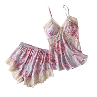 Summer Pajamas Women's Thin Ice Silk Slip Nightdress Lace Edge Printed Homewear With Chest Pad