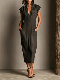 Stand-up Collar Sleeveless Casual Loose-fit Cotton-linen Dress
