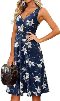 Casual V-Neck Sleeveless Button-Front Floral Dress