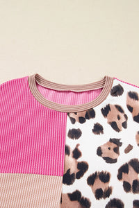 Women's Round-neck Ribbed Color-block Leopard Print Long-sleeve Top