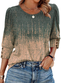 Women's Printed Elegant 34 Sleeves Round Neck T-shirt With Buttons