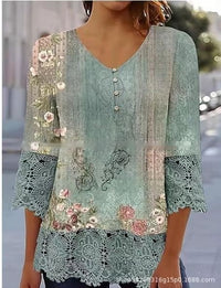 Casual Lace Printed Lace Button Top