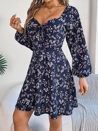 Women's Casual Sexy Tie Waist Square Neck Floral Print Long Sleeve A-Line Dress