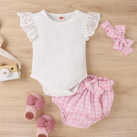 Lace Sleeve Sunken Stripe Romper Plaid Bag Fart Pants Hair Band Girls Suit