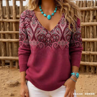 Womens Retro-Print V-Neck Long-Sleeve T-Shirt Top