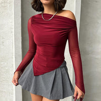 One-shoulder Cold-shoulder Design Voile Micro-transparent Pleated Irregular T-shirt Top For Women
