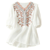 Vintage Embroidered V-Neck Blouse With Three-Quarter Sleeves For Women