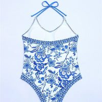European American Fashion Floral Print Halter Backless Swimsuit