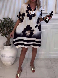 European And American-style Printed V-neck Short-sleeve Loose Casual Dress Womens Clothing