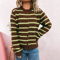 Striped Contrast Color Knitted Cardigan Simple Commute Round Neck Sweater