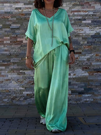 Women's V-Neck Short Sleeve Pullover Top And Matching Long Pants Casual Cotton Blend Multicolor Outfit