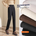 Women's Black Wool Pants With Fleece Lining For Autumn And Winter, Thick And Casual